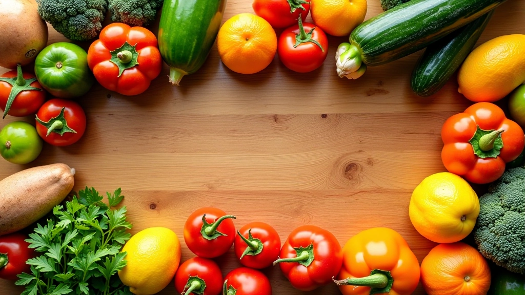 Bancada de cozinha organizada com diferentes frutas e vegetais sazonais dispostos em padrão visual atrativo com etiquetas de preço