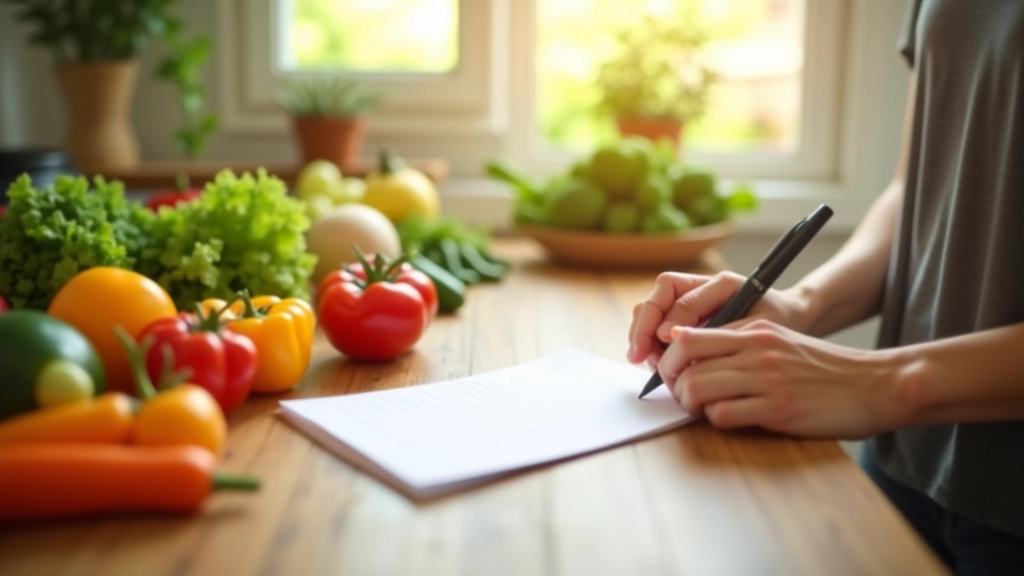 Mãos segurando uma lista de compras manuscrita ao lado de vegetais frescos numa cozinha ensolarada