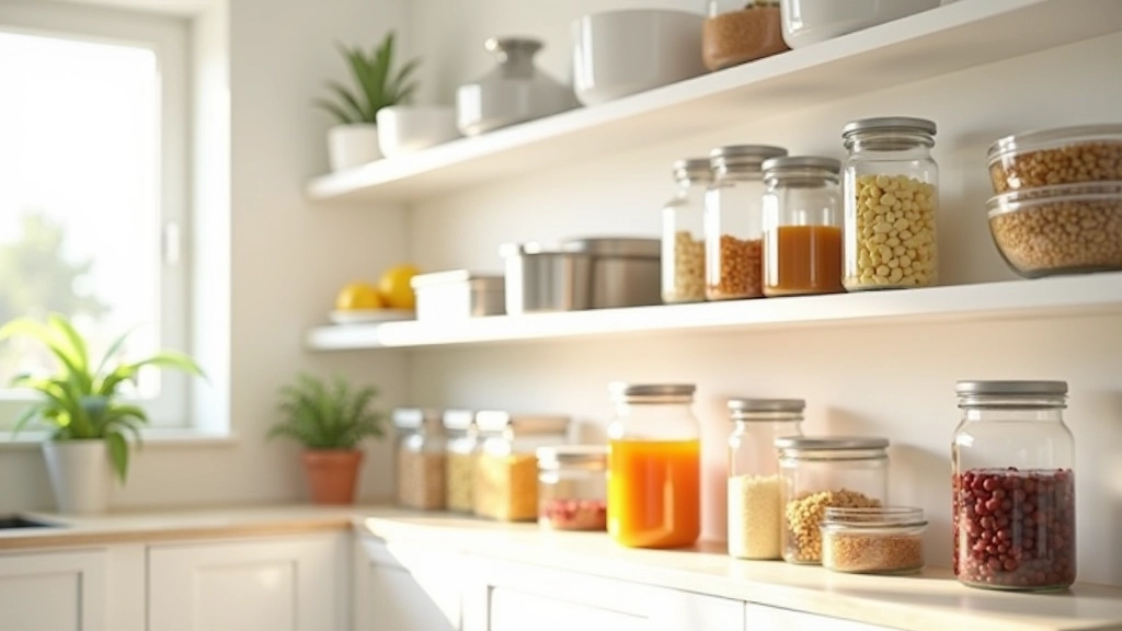 Diferentes tipos de recipientes vidro e plástico organizados numa cozinha moderna com luz natural