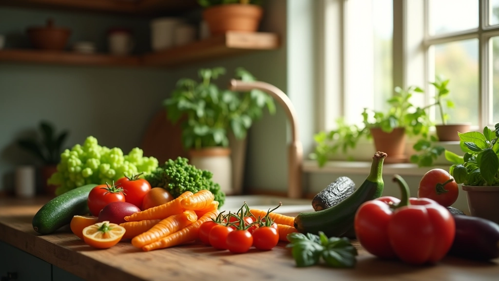 Cozinha portuguesa moderna com ingredientes sazonais frescos organizados numa mesa de madeira