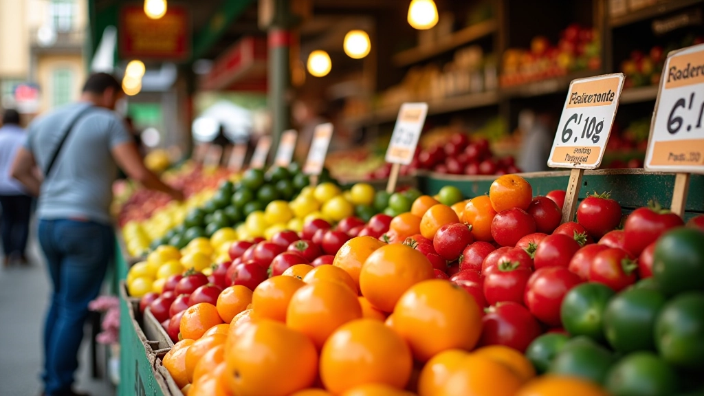 Balcão de mercado português exibindo frutas e vegetais sazonais coloridos com cartazes de preços