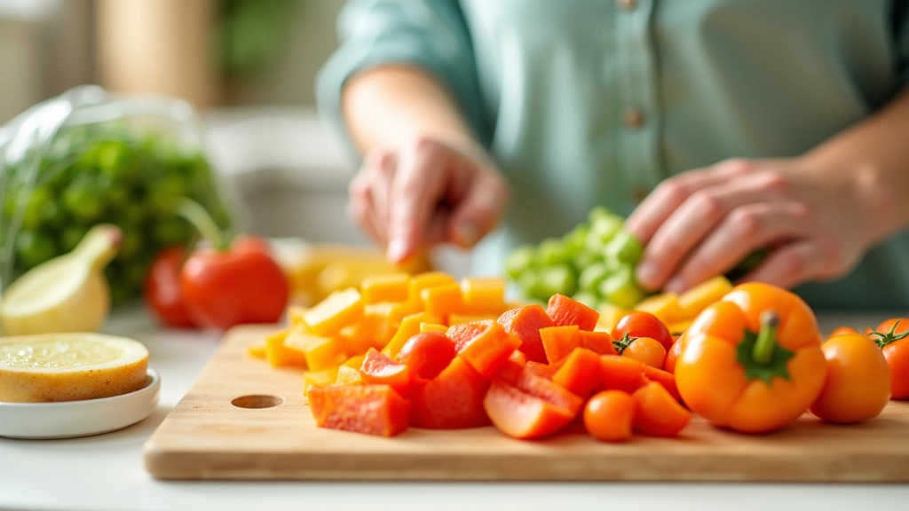 Várias frutas e vegetais cortados em pedaços pequenos prontos para congelar em sacos de freezer transparentes