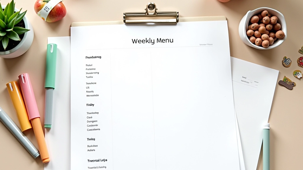 Papel impresso com tabela de menu semanal preenchido à mão, canetas coloridas e ícones de alimentos