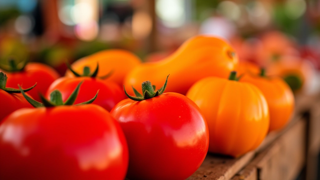 Tomates maduros vermelhos e abóboras laranjas num balcão de mercado de verão