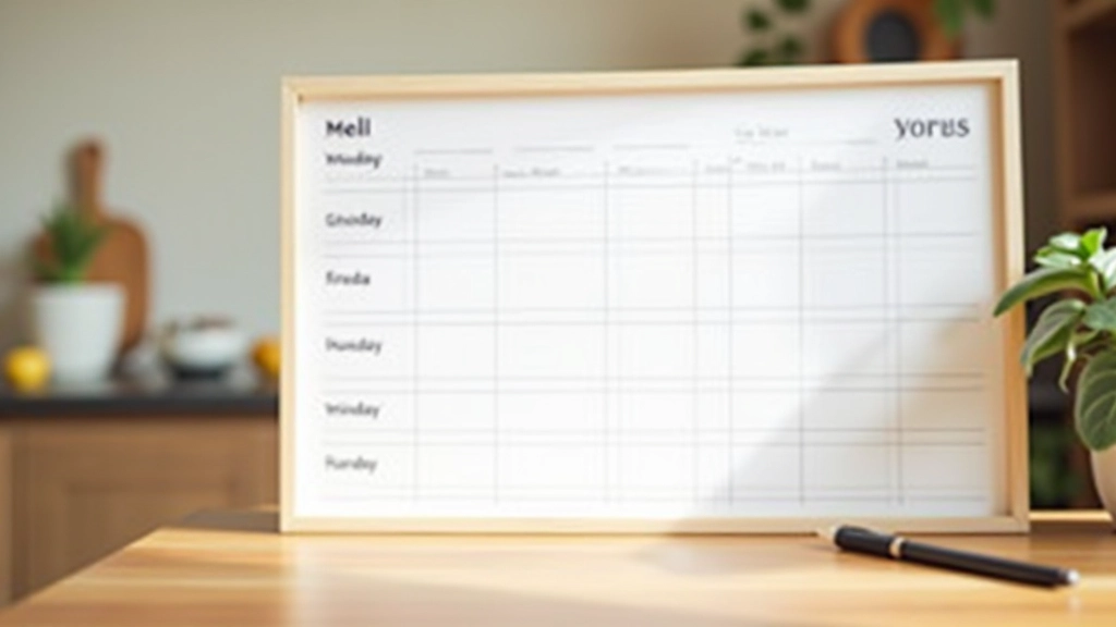 Calendário pendurado na parede com anotações de refeições escritas para cada dia da semana