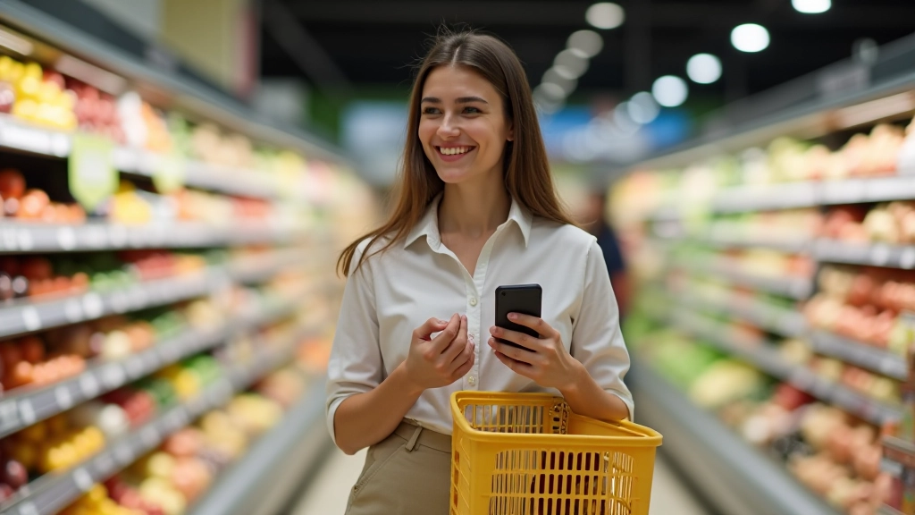 Mulher usando aplicação de compras inteligente no smartphone enquanto segura cesto de compras numa loja de supermercado