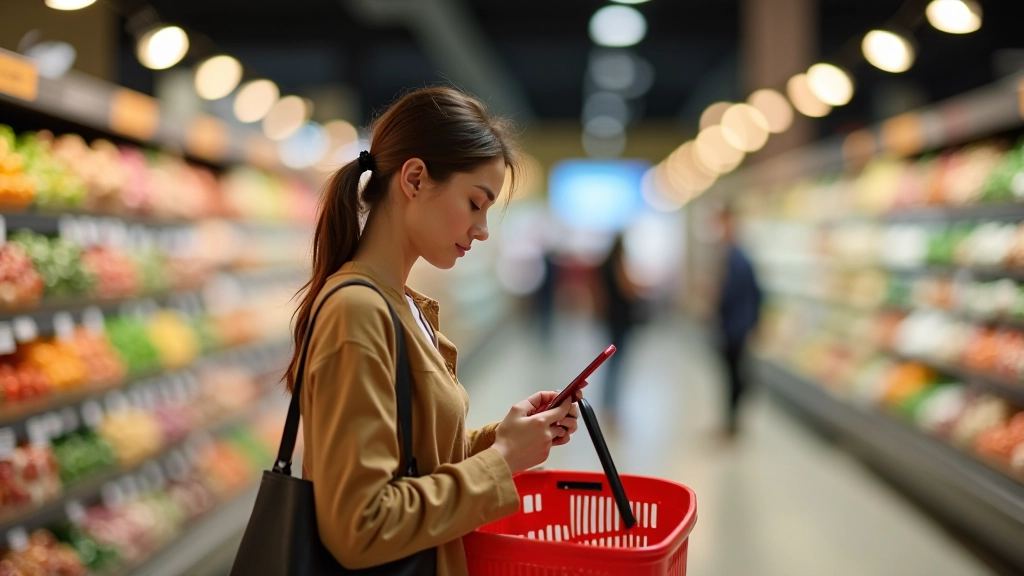 Mulher a consultar lista de compras no telemóvel dentro de supermercado, com cesto de compras, iluminação ambiente quente