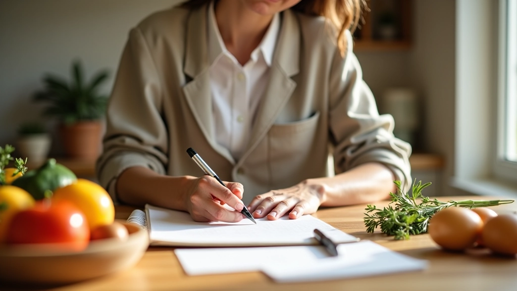 Mulher a planear menu semanal com caderno e ingredientes portugueses frescos, luz natural de manhã